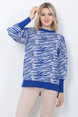 Kadın Triko Kazak Bisiklet Yaka Zebra Desenli Oversize Yırtmaçlı Saks Mavi - 1