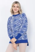 Kadın Triko Kazak Bisiklet Yaka Zebra Desenli Oversize Yırtmaçlı Saks Mavi - 6