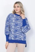 Kadın Triko Kazak Bisiklet Yaka Zebra Desenli Oversize Yırtmaçlı Saks Mavi - 8