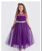 Sapes Model Sırt Gipeli Tüllü Kız Çocuk Askılı Saten Abiye MNK0618 - 7