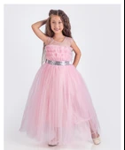 Sapes Model Sırt Gipeli Tüllü Kız Çocuk Askılı Saten Abiye MNK0618 - 9