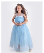 Sapes Model Sırt Gipeli Tüllü Kız Çocuk Askılı Saten Abiye MNK0618 - 5