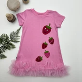 Petli Çilekler Nakışlı Eteği Fırfırlı Jile Kız Çocuk Elbisesi Pembe thumbnail 1
