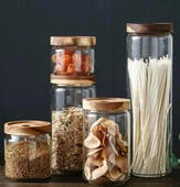 The Mia Ahşap Kapaklı 16 lı 4 Boy Cam Saklama Kabı 1000-700-500-300 ml - 2