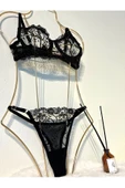 Nakış Detaylı Çiçekli Siyah Sütyen Takım Balenli - 3
