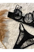 Nakış Detaylı Çiçekli Siyah Sütyen Takım Balenli - 2