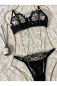 Nakış Detaylı Çiçekli Siyah Sütyen Takım Balenli - 4