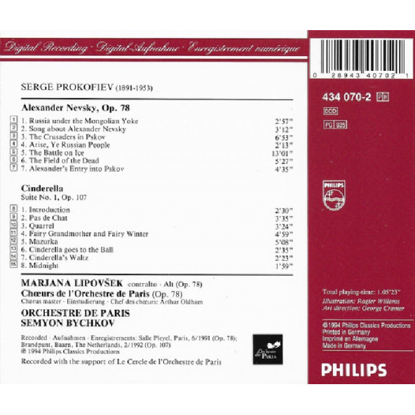 PROKOFIEV - ALEXANDER NEVSKY, CINDERELLA SUITE NO.1 MARJANA LIPOVSEK ORCHESTRE DE PARIS SEMYON BYCHKOV (CD) (1994) - 2