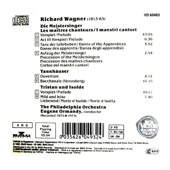 WAGNER - TRISTAN TANNHAUSER MEISTERSINGER ORMANDY (CD)(1990) - 2