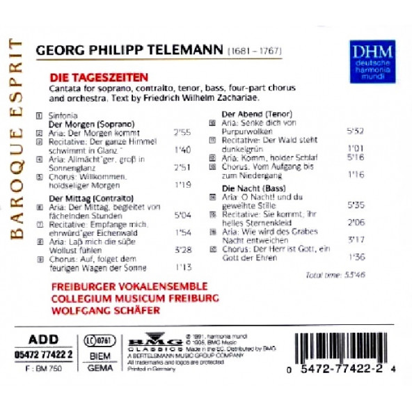 TELEMANN - DIE TAGESZEITEN (FREIBURGER VOKALENSEMBLE) (CD)(1995) - 2