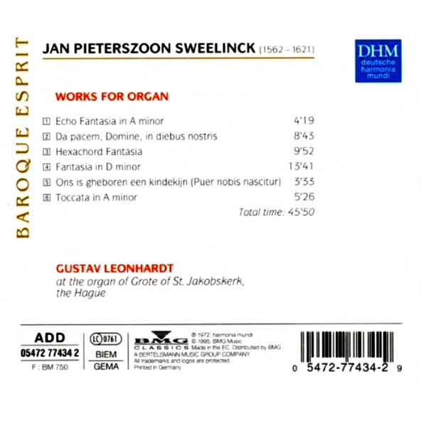 SWEELINCK JAN PIETERSZOON - ORGAN WORKS GUSTAV LEONHARDT (CD) (1995) - 2