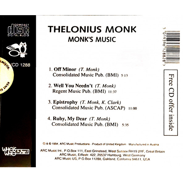 THELONIOUS MONK - MONK'S MUSIC (CD)(1994) - 2