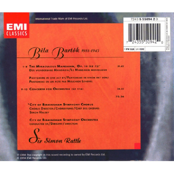 BARTOK - CONCERTO FOR ORCHESTRA (THE MIRACULOUS MANDARIN) SIR SIMON RATTLE(CD) (1994) - 2