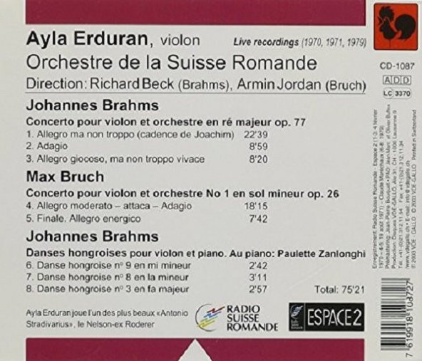 AYLA ERDURAN - JOHANNES BRAHMS MAX BRUCH ORCHESTRE DE LA SUISSE ROMANDE (CD) - 2