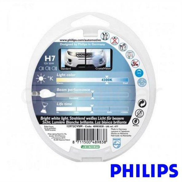 Philips H7 Crystal Vision Parlak Beyaz Işık 4300K Made in Germany