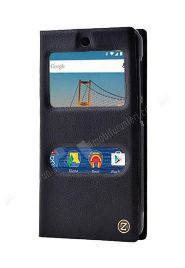 GM Android One 4G Çift Pencereli Deri Siyah Kılıf