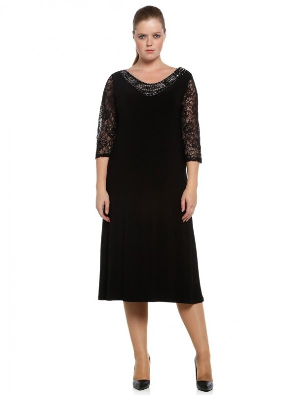 Nidya Moda Büyük Beden Hazır Yaka Dantel Kol Elbise-4058S