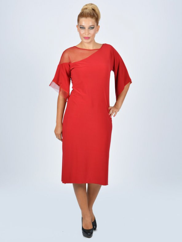 Nidya Moda Büyük Beden Tül Kombinli Kırmızı Abiye Elbise-4034K