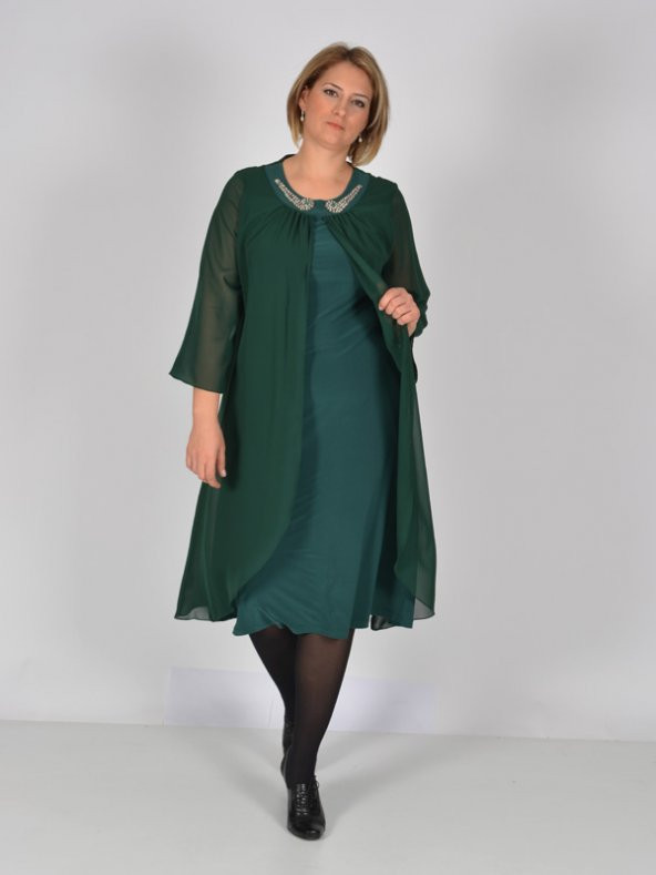 Nidya Moda Büyük Beden Üstü Şifon Taşlı Aksesuar Yeşil Abiye Elbise-4037Y