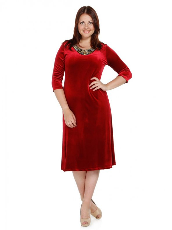 Nidya Moda Büyük Beden Gold Çiçek Yaka Kırmızı Abiye Kadife Elbise-4075K