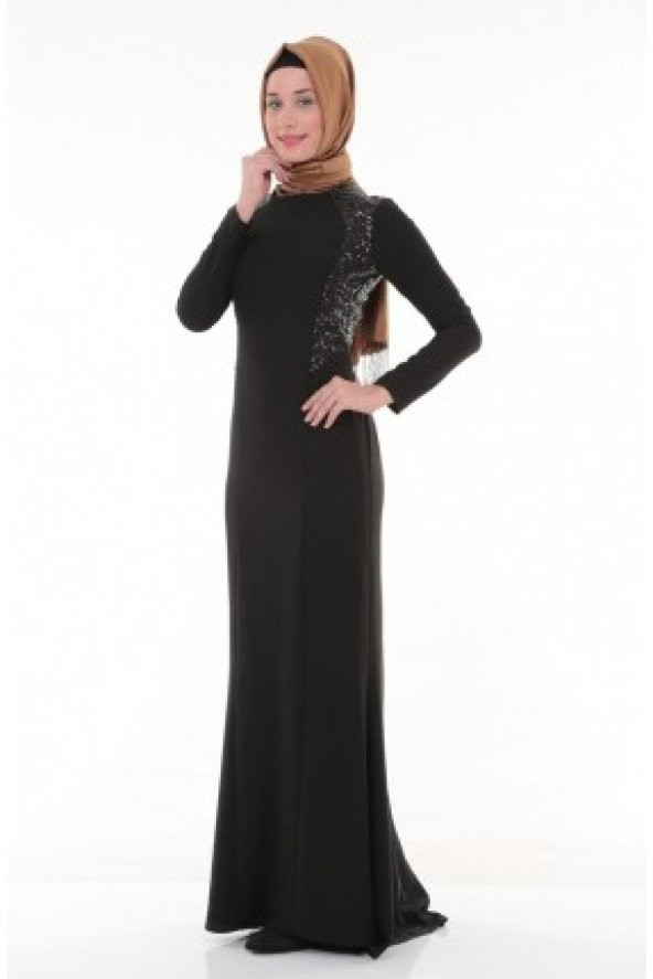Nidya Moda Tesettür Pullu Payetli Balık Uzun Siyah Abiye Elbise-4048TPS