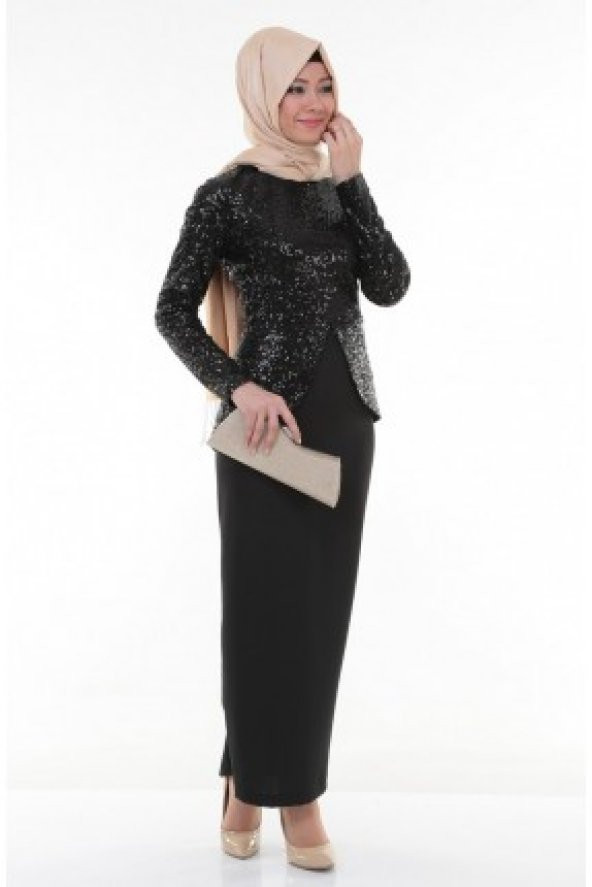 Nidya Moda Tesettür Peplum Pullu Payet Siyah Abiye Ceket Tunik-5010TS - 2