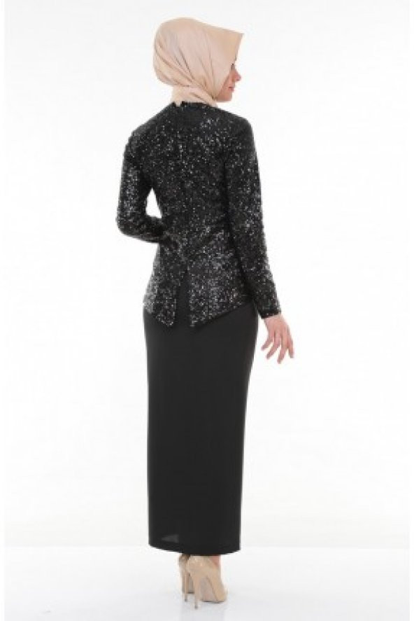 Nidya Moda Tesettür Peplum Pullu Payet Siyah Abiye Ceket Tunik-5010TS - 4