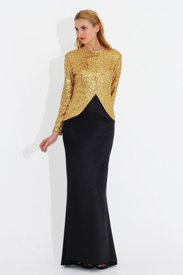 Nidya Moda Büyük Beden Peplumlu Pullu Payet Gold Abiye Ceket Tunık-5010D