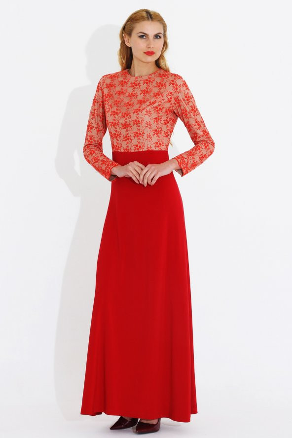 Nidya Moda Büyük Beden Üst DantelKırmızı Abiye Uzun Tesettür Elbise-4049K