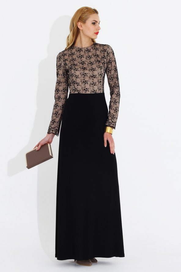 Nidya Moda Büyük Beden Üst Dantelli Siyah Abiye Uzun Tesettür Elbise-4049S