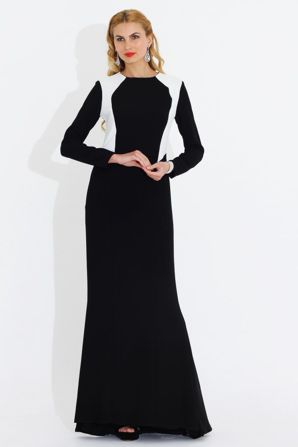 Nidya Moda Büyük Beden Krem Kombin Uzun Siyah Balık Abiye Elbise-4048KS