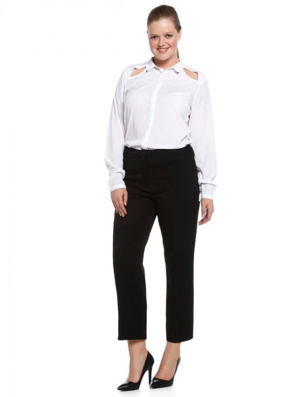 Nidya Moda Büyük Beden Bilek Boy Nervürlü Paça Kemer yan Lastikli Siyah Kumaş Pantolon -2014S