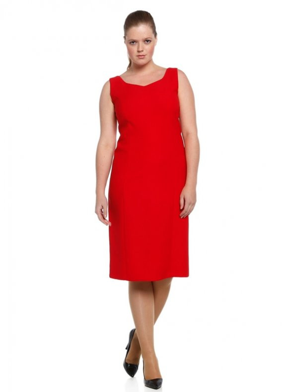 Nidya Moda Büyük Beden Dalga Yaka Kırmızı Abiye Elbise-4065KK