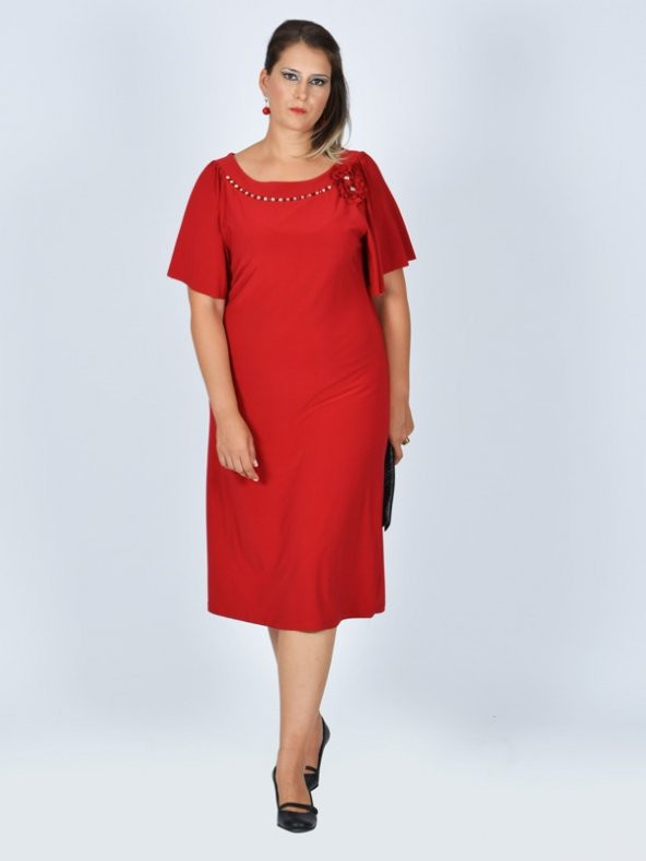 Nidya Moda Büyük Beden Taşlı Yaka Aksesuarlı Kırmızı Abiye Elbise-4026K
