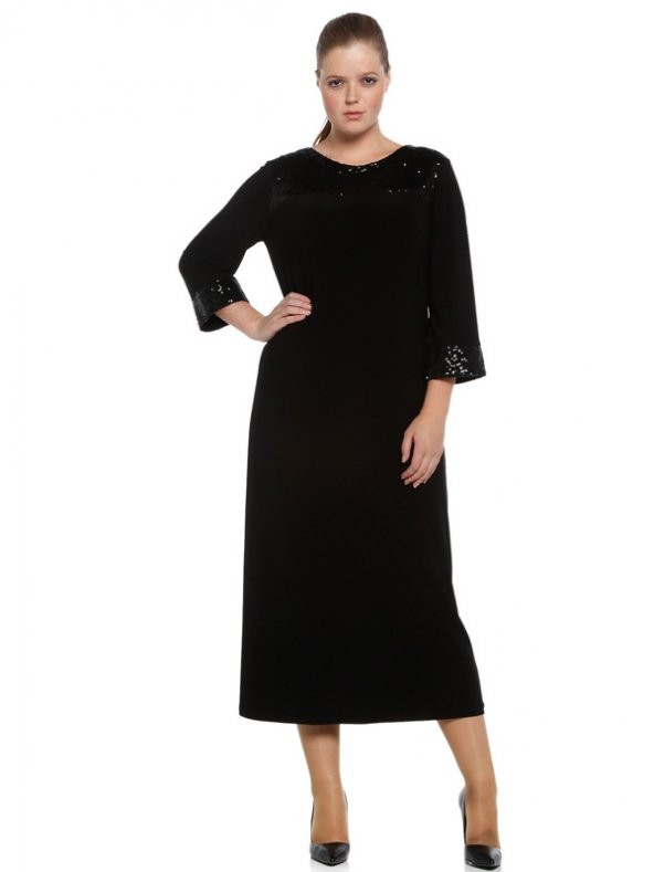 Nidya Moda Büyük Beden Roba Manşet Pullu Payetli Siyah Abiye Elbise-4056S