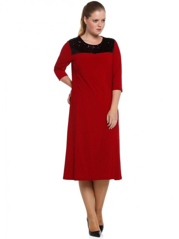 Nidya Moda Büyük Beden Roba Pullu Payetli Kırmızı Abiye Elbise-4055K