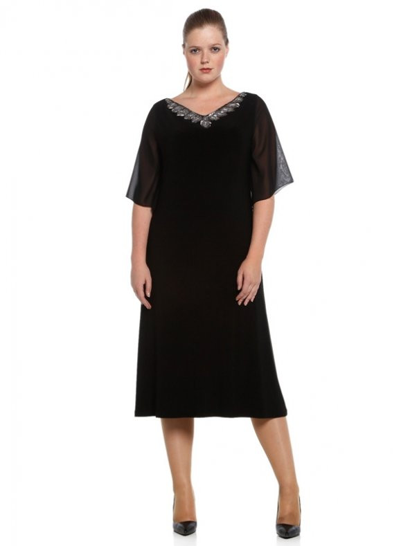 Nidya Moda Büyük Beden Taşlı Yaka Şifon Kol Siyah Abiye Elbise-4053S