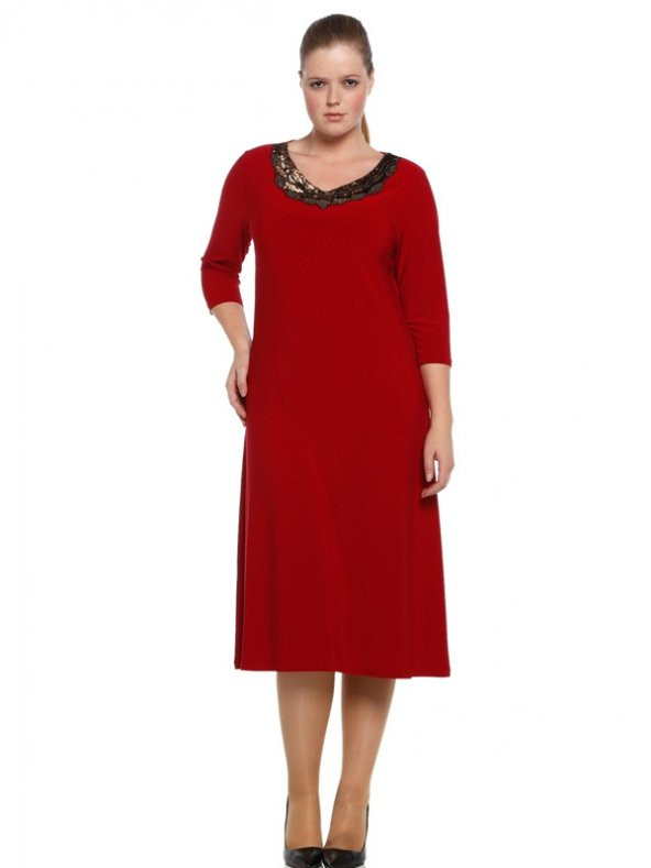 Nidya Moda Büyük Beden Bakır Taşlı Yaka Kırmızı Abiye Elbise-4057K