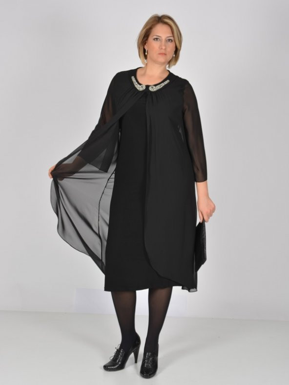 Nidya Moda Büyük Beden Siyah Taşlı Yaka Üst Şifon Abiye Elbise-4037S
