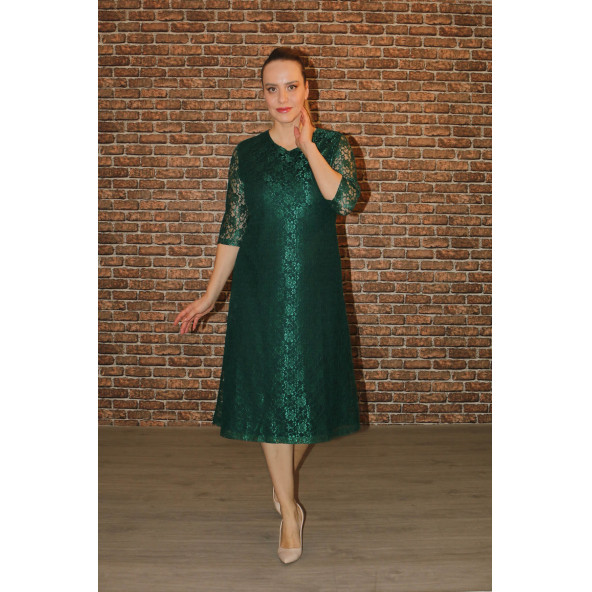 Nidya Moda Büyük Beden Sıfır Yaka Dantel Yeşil Abiye Elbise-4036Y