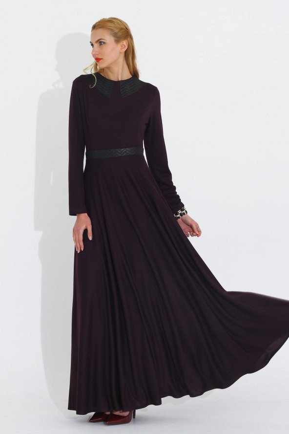 Nidya Moda Büyük Beden Yaka Kemer Derili Uzun Mürdüm Elbise-4041M