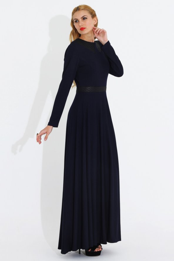 Nidya Moda Büyük Beden Yaka Kemer Derili Lacivert Elbise-4041L