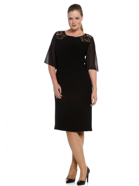 Nidya Moda Büyük Beden Şifon Kol Dantel Taş İşli Siyah Abiye Elbise -4066S