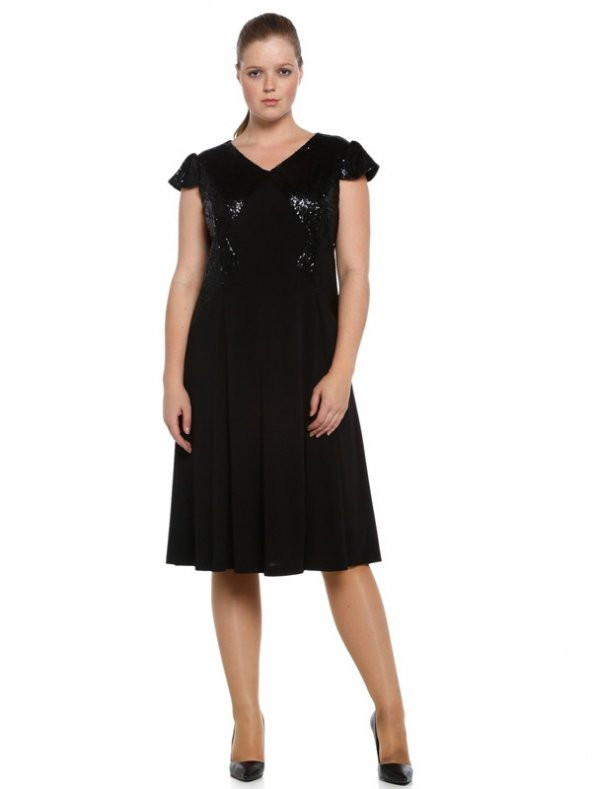Nidya Moda Büyük Beden Pullu Payetli Kombin Siyah Abiye Elbise-4061S