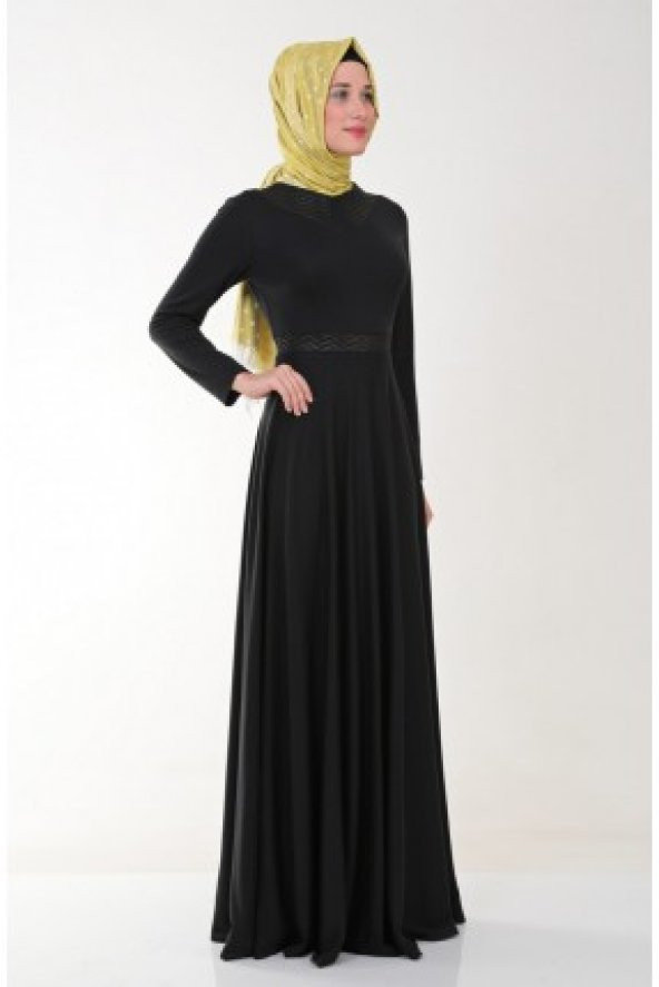 Nidya Moda Tesettür Yaka Kemer  Deri Kombinli Siyah  Elbise-4041TS