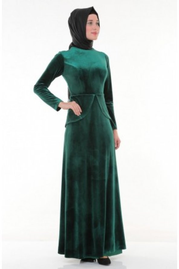 Nidya Moda Tesettür Kadife Peplumlu Yeşil Abiye Elbise-4044TY
