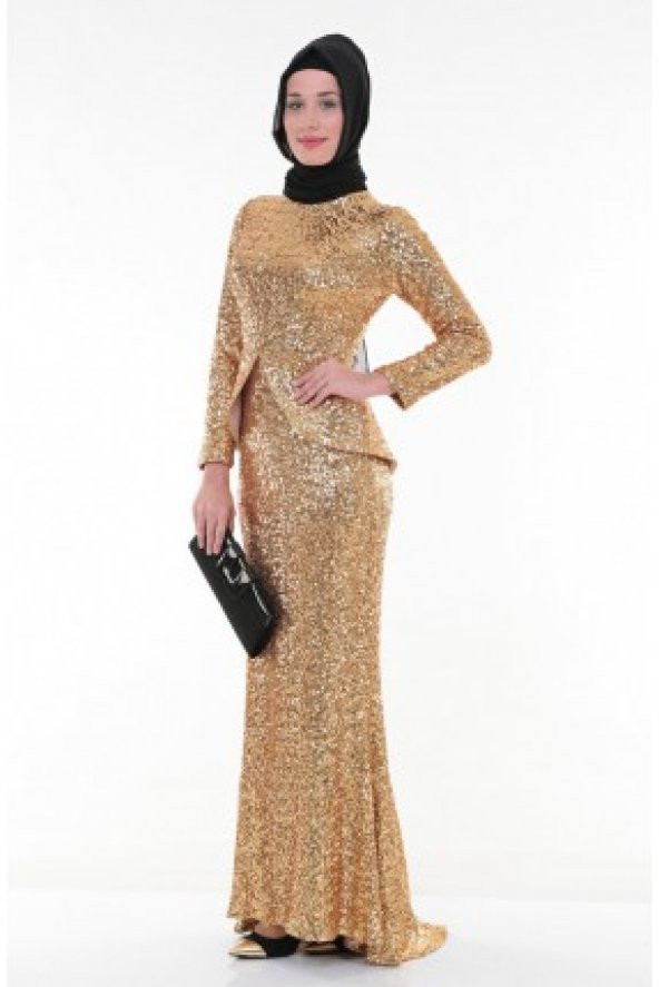 Nidya Moda Tesettür Peplumlu Pullu Payet Gold Balık Abiye Elbise-4047TD