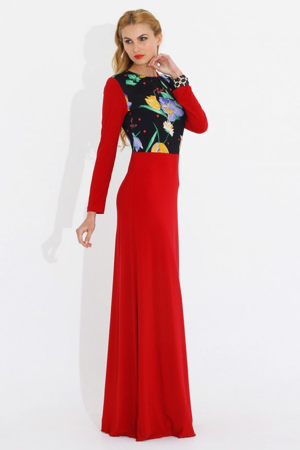 Nidya Moda Büyük Beden Pili Yaka Üst Bahar Kombin Kırmızı Uzun Elbise-4046K