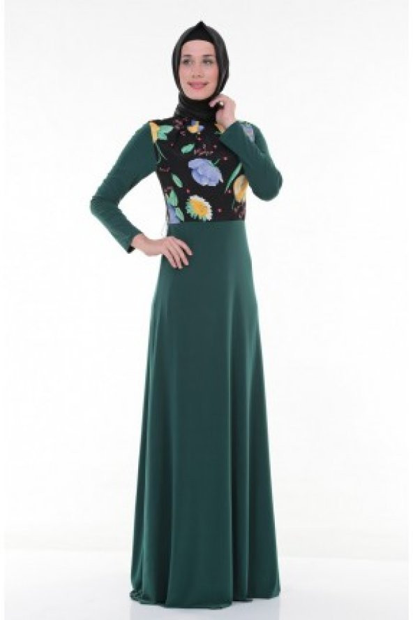 Nidya Moda Tesettür Yaka Pilili Üst Çiçekli kombin Yeşil Abiye Elbise-4046TY