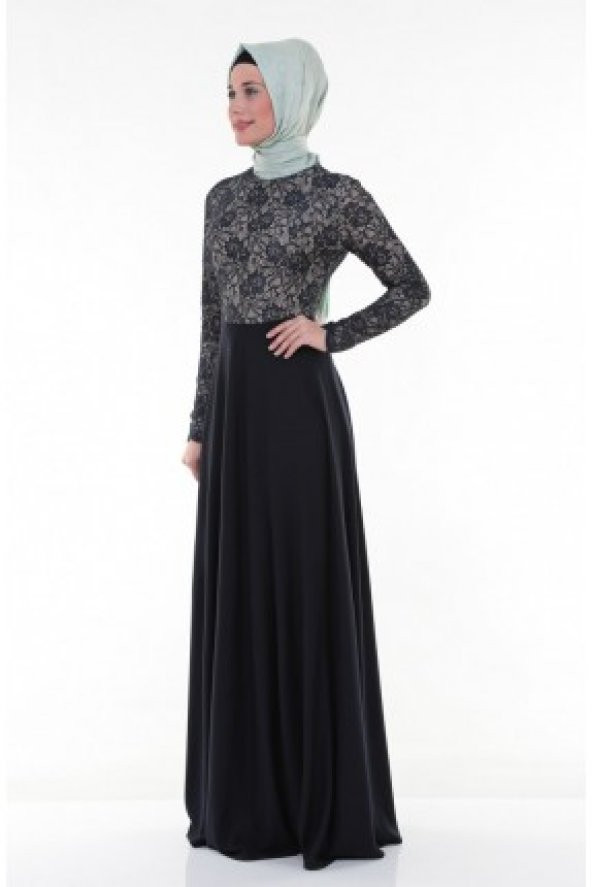 Nidya Moda Tesettür Üst Dantelli Uzun Lacivert Abiye Elbise-4045TL - 2